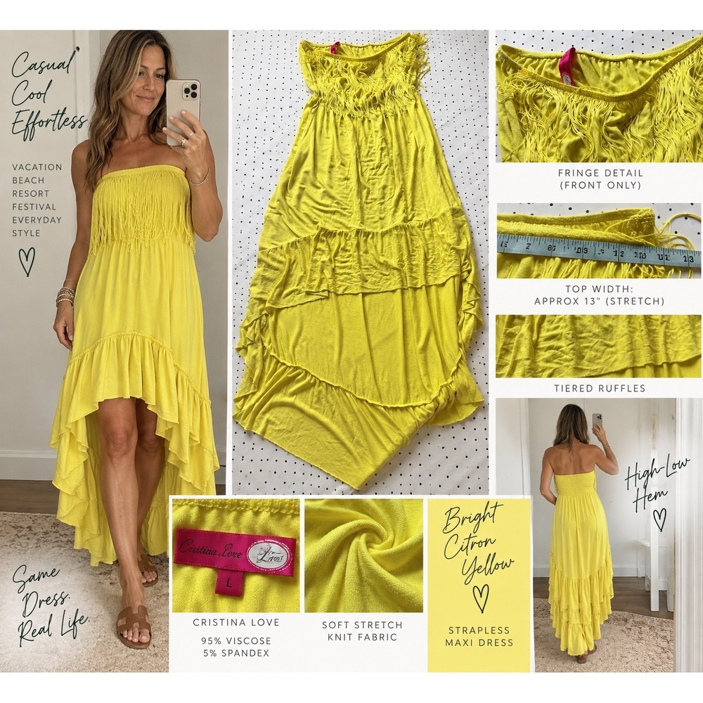 Cristina Love Citron Yellow Fringe Strapless High Low Ruffle Maxi Dress L